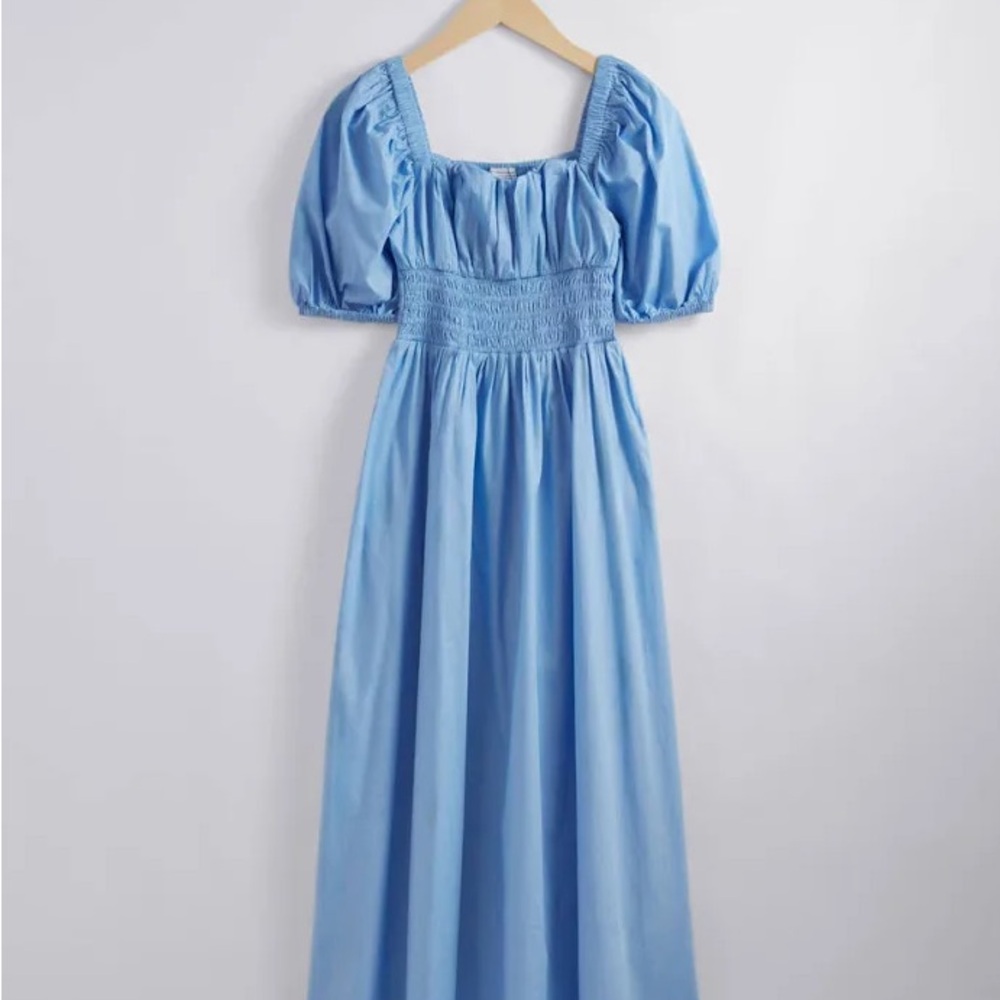 & Other Stories Blue Smocked Puff Sleeve Midi Dress